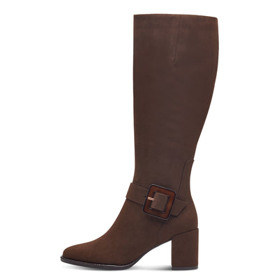 MARCO TOZZI - 25555-307 MEDIUM BLOCK HEEL LONG BOOT - DARK BROWN SUEDE