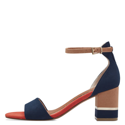 MARCO TOZZI - 28303-890 MEDIUM BLOCK HEEL ANKLE STRAP SANDAL - NAVY/ORANGE