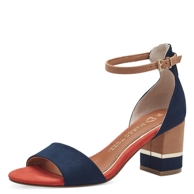 MARCO TOZZI - 28303-890 MEDIUM BLOCK HEEL ANKLE STRAP SANDAL - NAVY/ORANGE