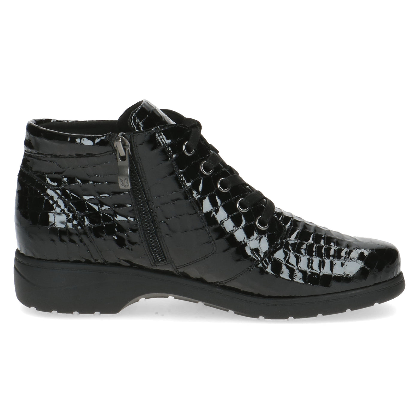 CAPRICE - 25152-014 FLAT ZIP/LACE ANKLE BOOT - BLACK PATENT CROC