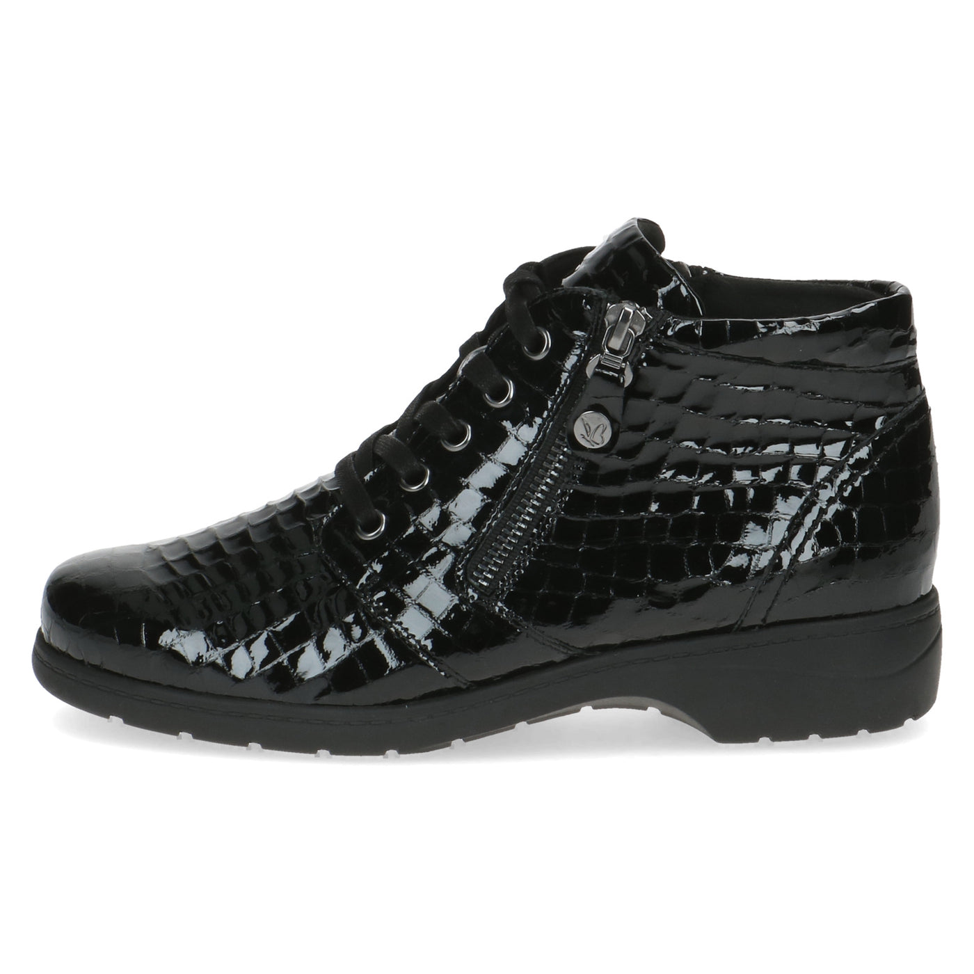 CAPRICE - 25152-014 FLAT ZIP/LACE ANKLE BOOT - BLACK PATENT CROC