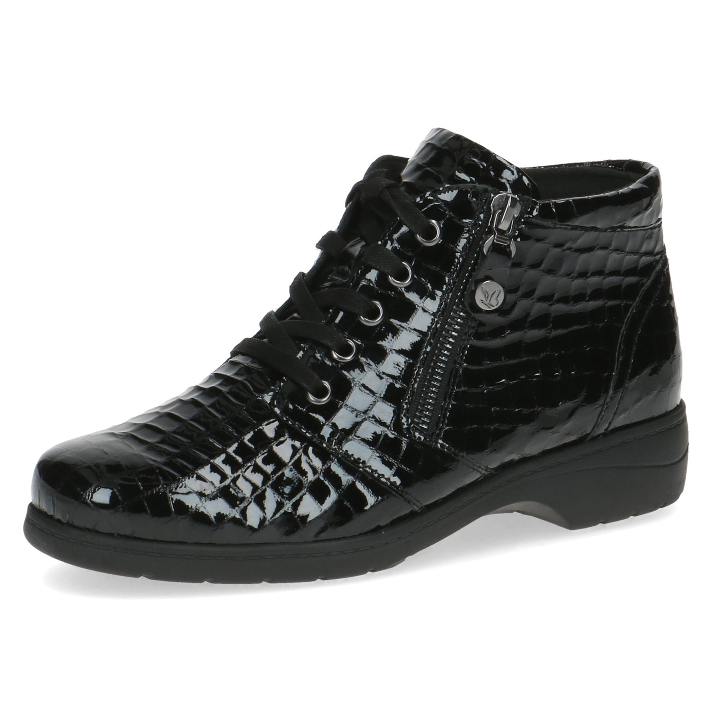 CAPRICE - 25152-014 FLAT ZIP/LACE ANKLE BOOT - BLACK PATENT CROC