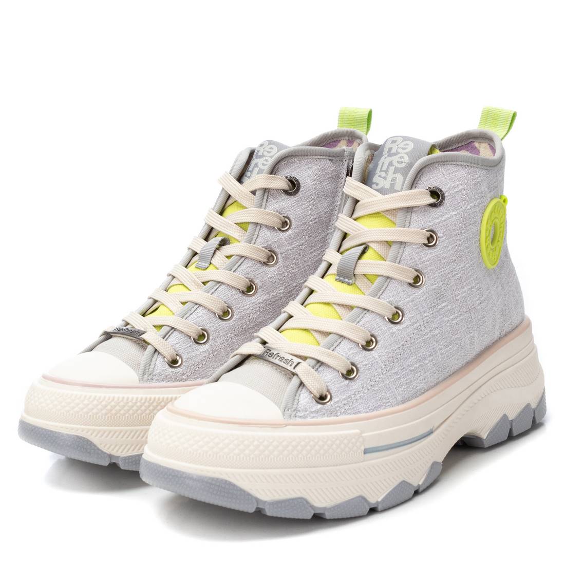 REFRESH - 172563 LACED CANVAS ANKLE BOOT WITH LIME GREEN TRIM - GREY