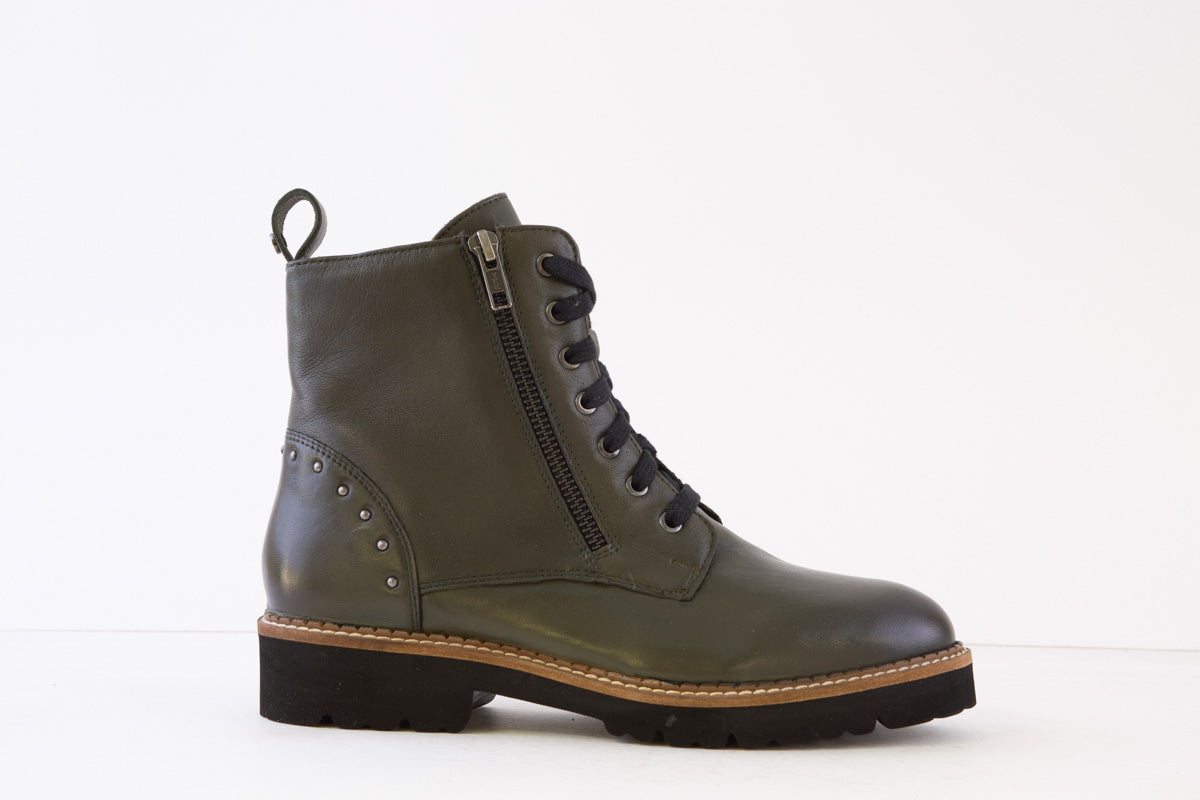 LOTUS - BRAXTON LOW HEEL ZIP/LACED ANKLE BOOT - GREEN LEATHER