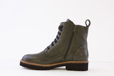 LOTUS - BRAXTON LOW HEEL ZIP/LACED ANKLE BOOT - GREEN LEATHER