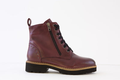 LOTUS - BRAXTON LOW HEEL ZIP/LACED ANKLE BOOT - DARK RED LEATHER