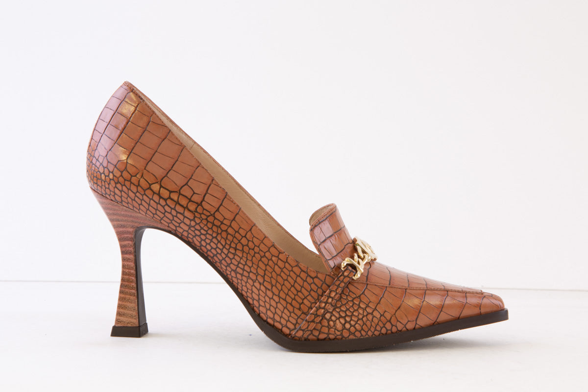 LODI - MENDO-SR HIGH HEEL COURT SHOE WITH GOLD BUCKLE - TAN SNAKE PRINT