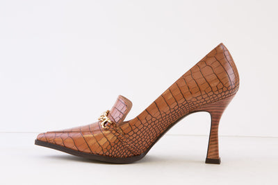 LODI - MENDO-SR HIGH HEEL COURT SHOE WITH GOLD BUCKLE - TAN SNAKE PRINT