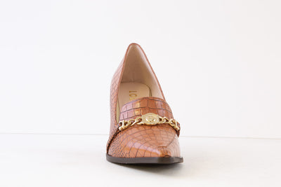 LODI - MENDO-SR HIGH HEEL COURT SHOE WITH GOLD BUCKLE - TAN SNAKE PRINT