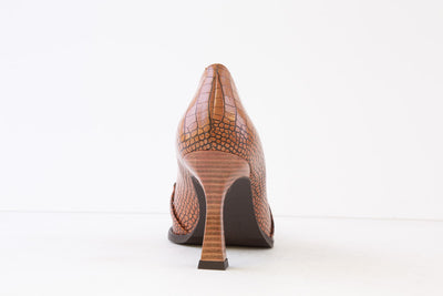 LODI - MENDO-SR HIGH HEEL COURT SHOE WITH GOLD BUCKLE - TAN SNAKE PRINT