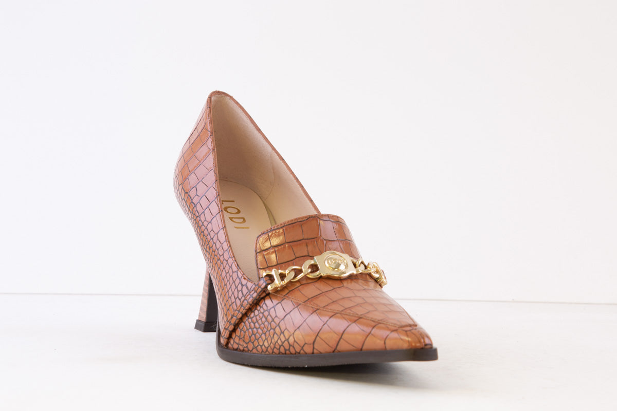 LODI - MENDO-SR HIGH HEEL COURT SHOE WITH GOLD BUCKLE - TAN SNAKE PRINT