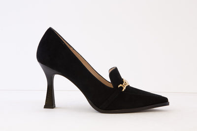 LODI - MENDO HIGH HEEL COURT SHOE WITH CHAIN DETAIL - BLACK SUEDE