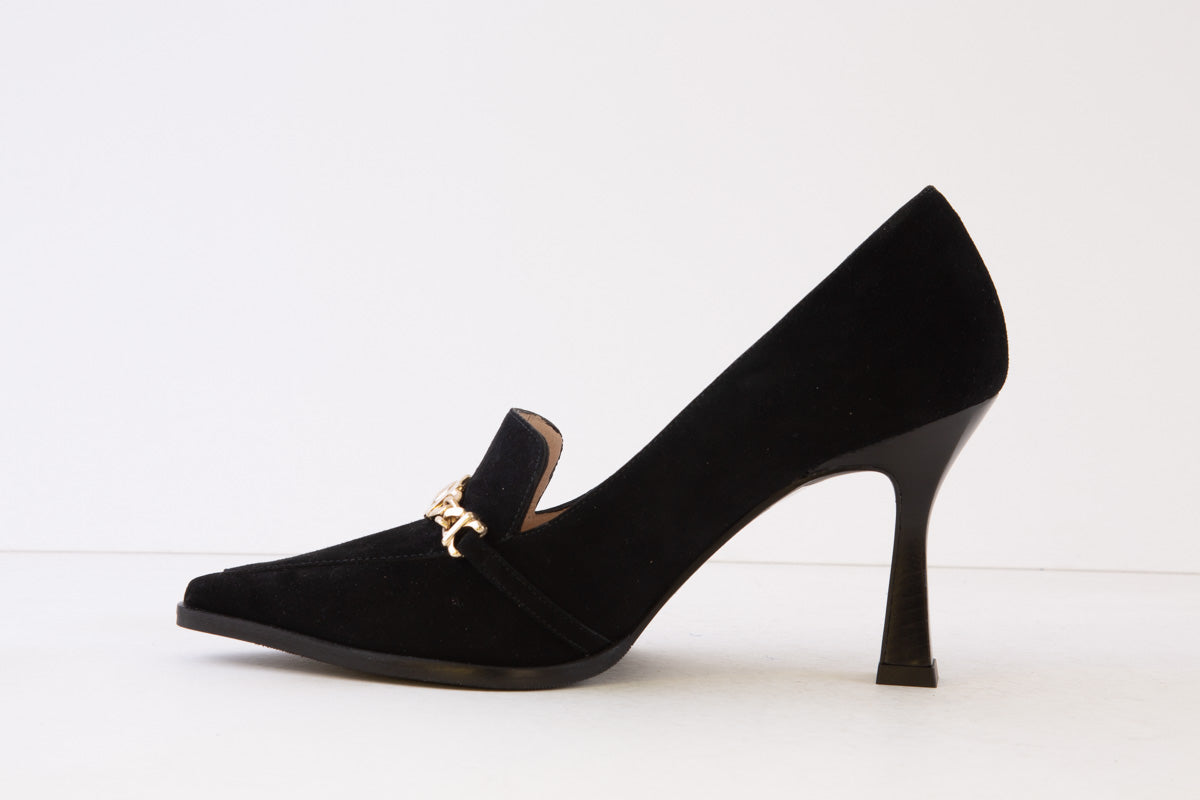 LODI - MENDO HIGH HEEL COURT SHOE WITH CHAIN DETAIL - BLACK SUEDE