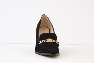 LODI - MENDO HIGH HEEL COURT SHOE WITH CHAIN DETAIL - BLACK SUEDE