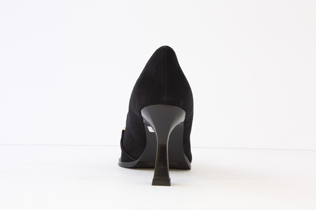 LODI - MENDO HIGH HEEL COURT SHOE WITH CHAIN DETAIL - BLACK SUEDE