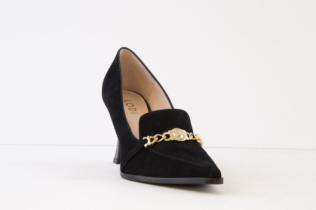 LODI - MENDO HIGH HEEL COURT SHOE WITH CHAIN DETAIL - BLACK SUEDE