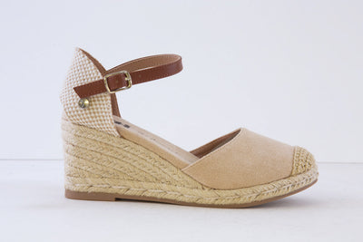 XTI - 140746 MEDIUM WEDGE ANKLE STRAP ESPADRILLE SHOE - BEIGE/TAN