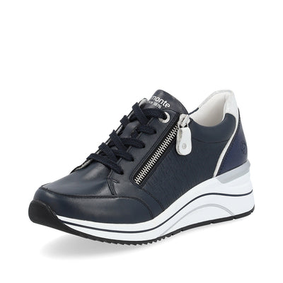 REMONTE - D0T03-14 LOW WEDGE LACE SHOE WITH SIDE ZIP - NAVY