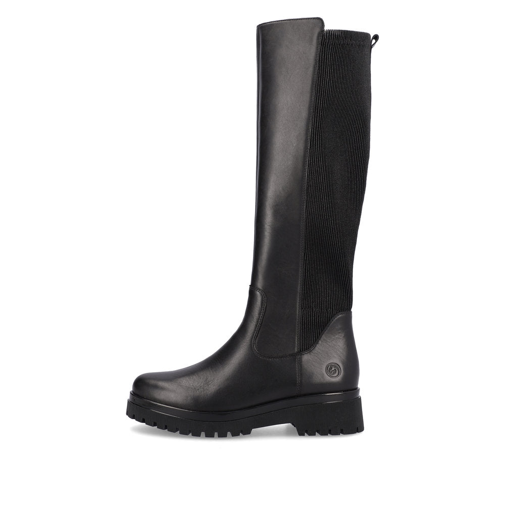 REMONTE - D1B71-01 LONG FLAT ZIP BOOT - BLACK LEATHER