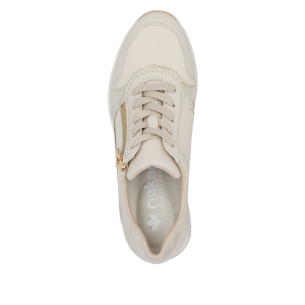 RIEKER - N9301-60 LOW WEDGE LACE/ZIP SHOE - CREAM/GOLD