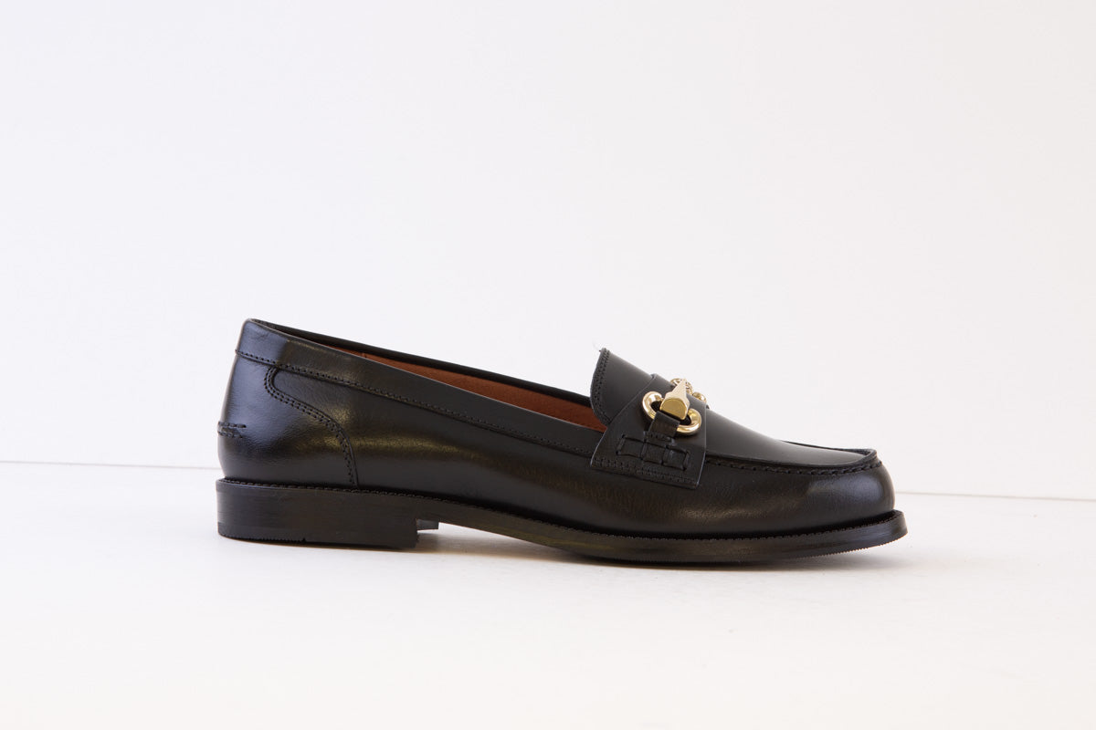 DIEGO BELLINI - D4781 FLAT LOAFER WITH BUCKLE DETAIL - BLACK LEATHER