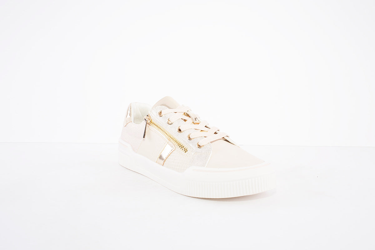 REFRESH - 79545 FLAT LACE UP/ZIP FASHION SHOE - BEIGE/GOLD