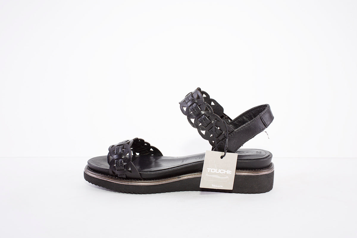 TAMARIS - 28223-001 LOW WEDGE FASHION BUCKLE SANDAL - BLACK