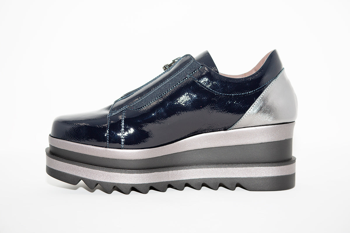 MARCO MOREO - L195 WEDGE FRONT ZIP SHOE - NAVY PATENT