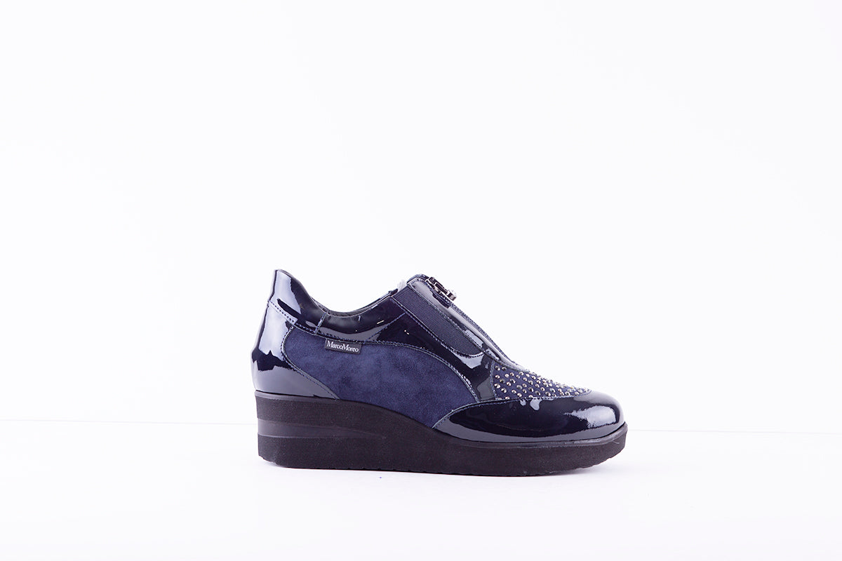 MARCO MOREO - C502 CJ1 FRONT ZIP WEDGE SHOE WITH DIAMONTE  DETAIL - NAVY PATENT/SUEDE