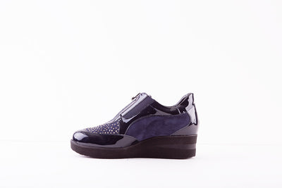 MARCO MOREO - C502 CJ1 FRONT ZIP WEDGE SHOE WITH DIAMONTE  DETAIL - NAVY PATENT/SUEDE