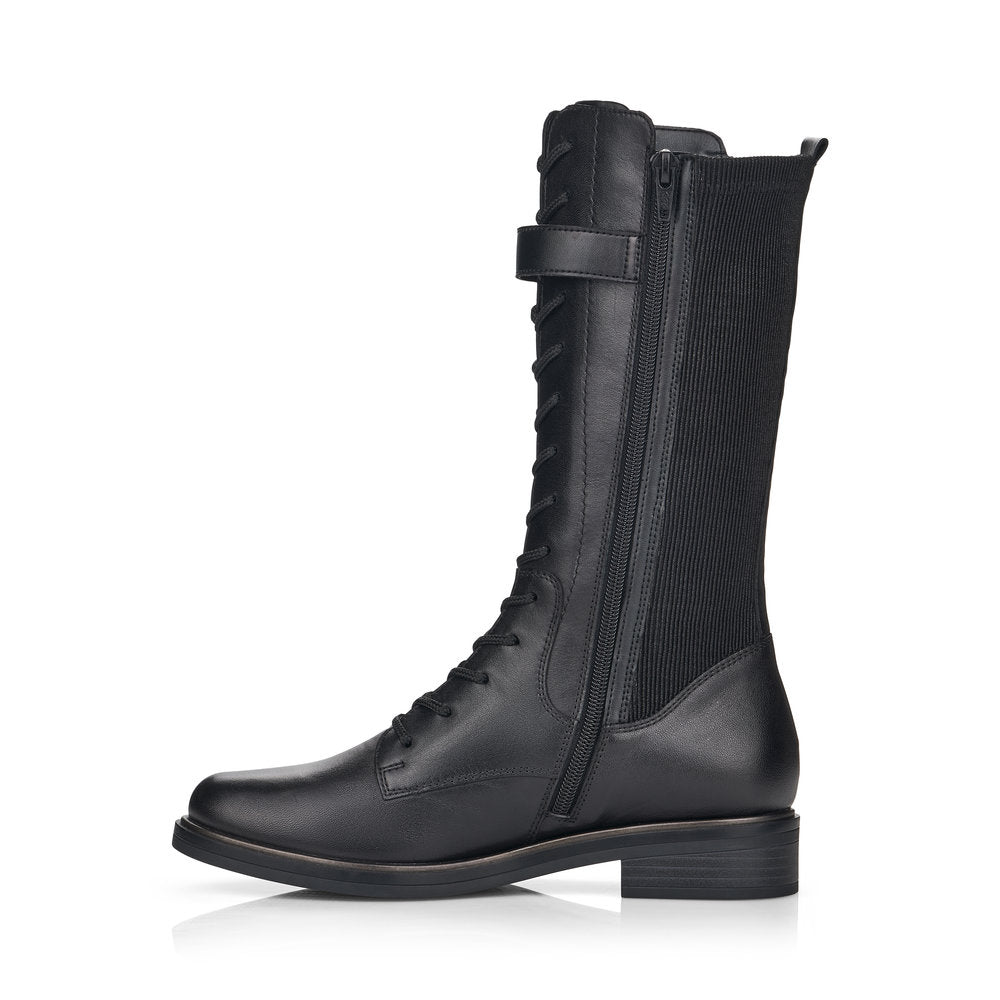 REMONTE - D8381-01 FLAT CALF-LENGTH  LACED BOOT WITH BACK ZIPPER - BLACK