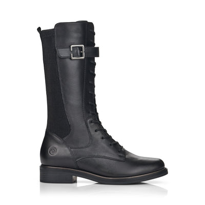 REMONTE - D8381-01 FLAT CALF-LENGTH  LACED BOOT WITH BACK ZIPPER - BLACK